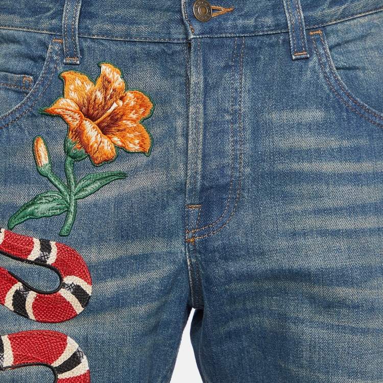Pre Owned Gucci Blue Denim Snake Embroidered Regular Fit Jeans L/Waist 37"