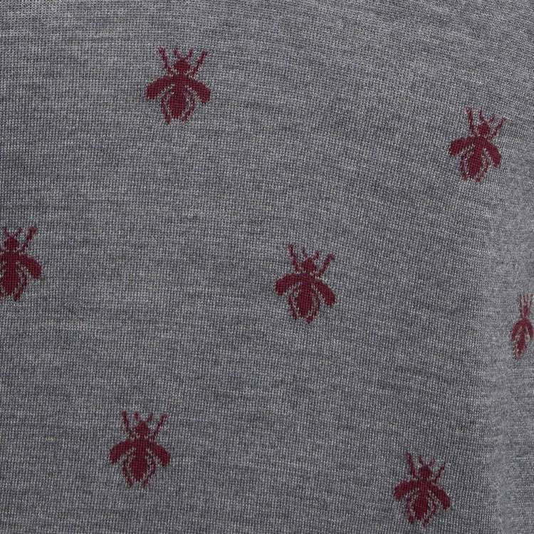 Pre Owned Gucci Grey Bee Intarsia Wool Knit V-Neck Sweater M