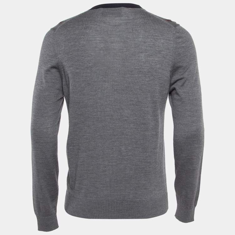 Pre Owned Gucci Grey Bee Intarsia Wool Knit V-Neck Sweater M