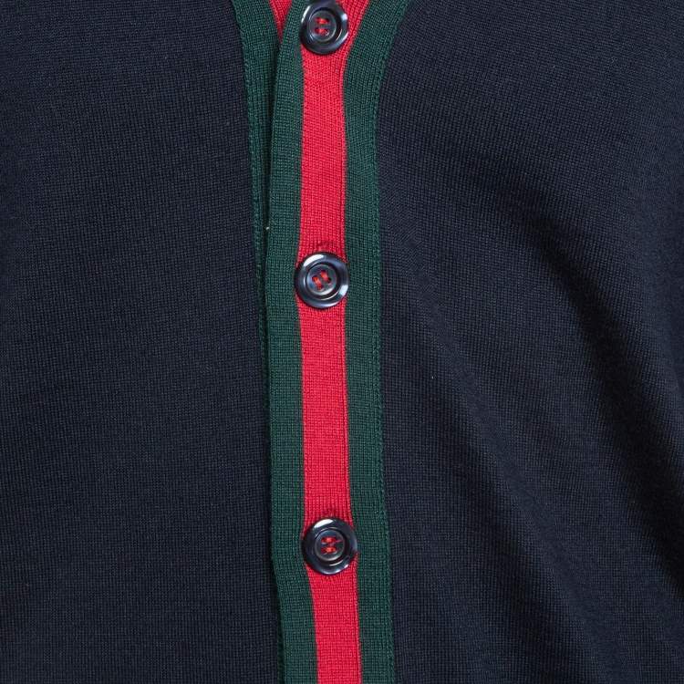 مملوكة مسبقًا Gucci Navy Blue Web Striped Rib Knit Buttoned Cardigan XL