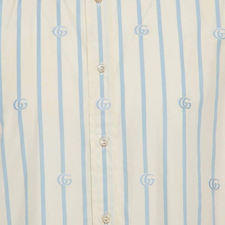Pre Owned Gucci White/Blue Striped GG Embroidered Cotton Long Sleeve Shirt XXL