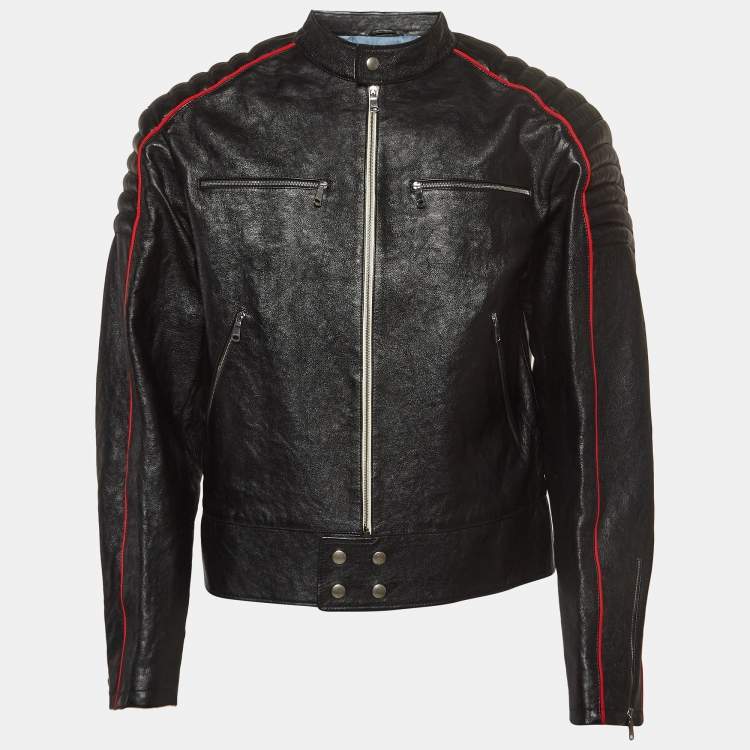 Pre Owned Gucci Black Logo Printed Leather Rider Jacket M