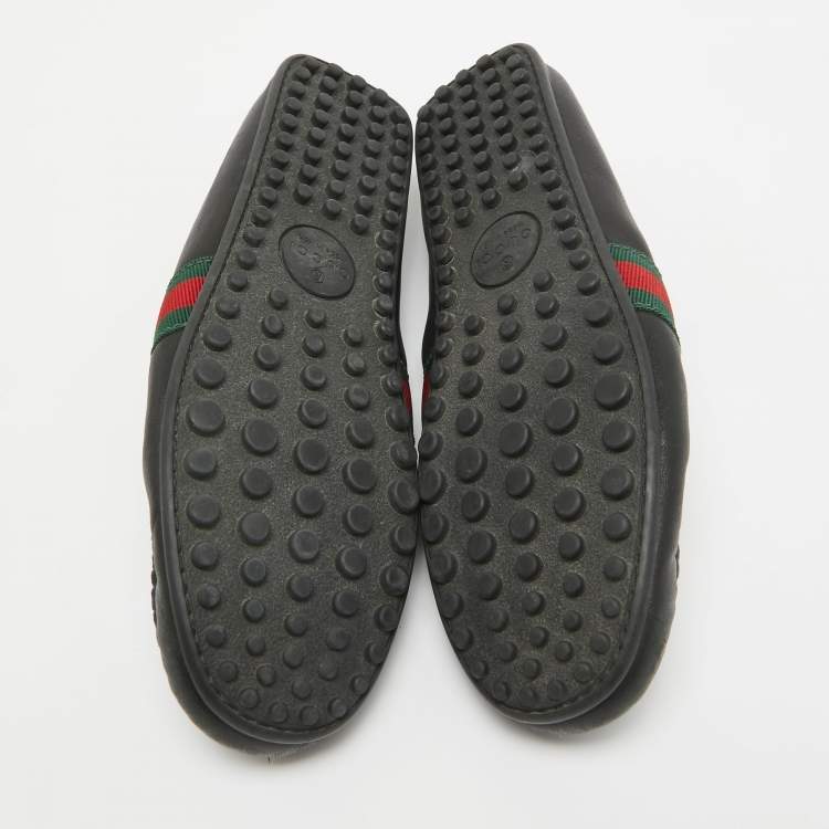Pre Owned Gucci Black Leather Web Penny Loafers Size 42.5 
