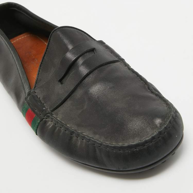 Pre Owned Gucci Black Leather Web Penny Loafers Size 42.5 