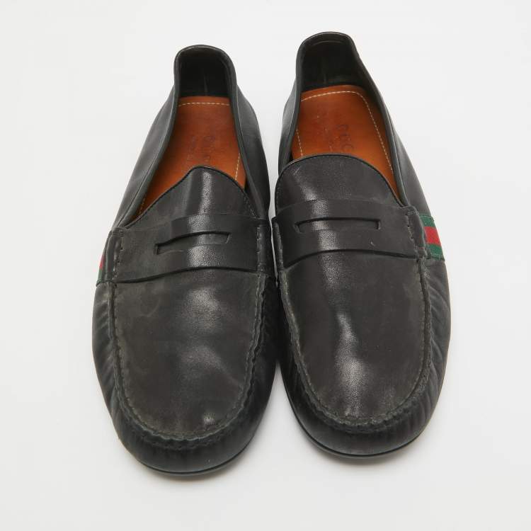 Pre Owned Gucci Black Leather Web Penny Loafers Size 42.5 