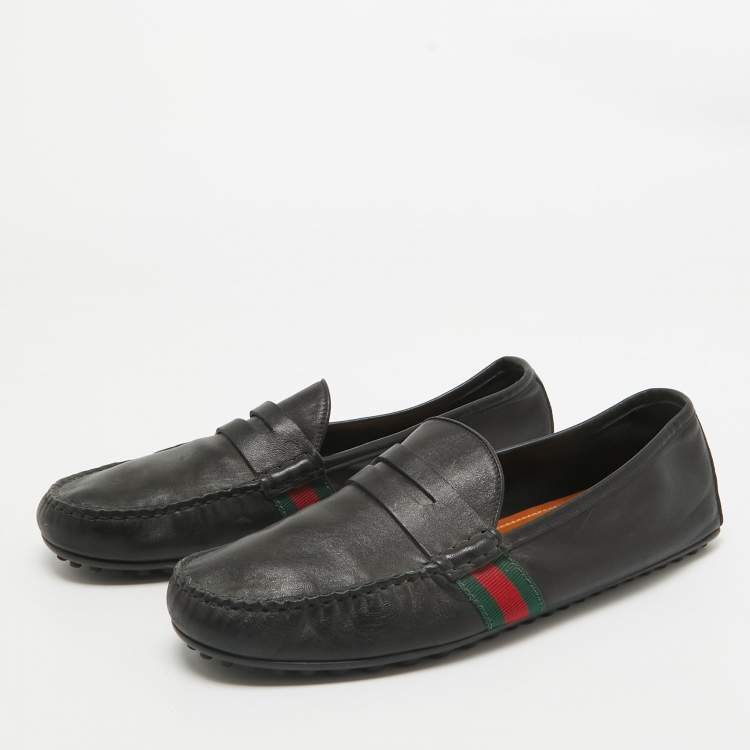 Pre Owned Gucci Black Leather Web Penny Loafers Size 42.5 