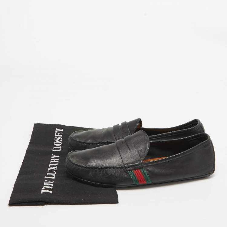 Pre Owned Gucci Black Leather Web Penny Loafers Size 42.5 