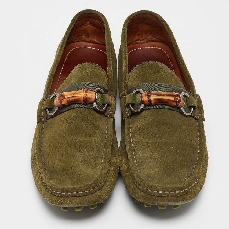 Pre Owned Gucci Green Suede Slip On Loafers Size 43