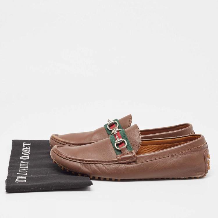 Pre Owned Gucci Brown Leather Web Slip On Loafers Size 43