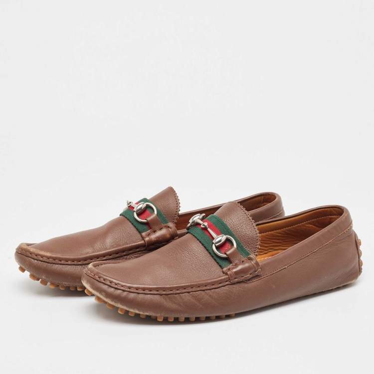 Pre Owned Gucci Brown Leather Web Slip On Loafers Size 43