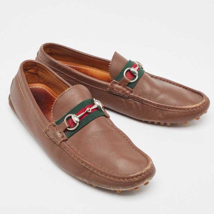 Pre Owned Gucci Brown Leather Web Slip On Loafers Size 43