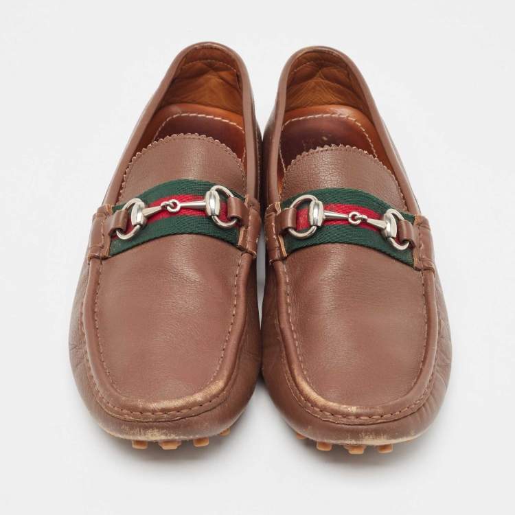 Pre Owned Gucci Brown Leather Web Slip On Loafers Size 43