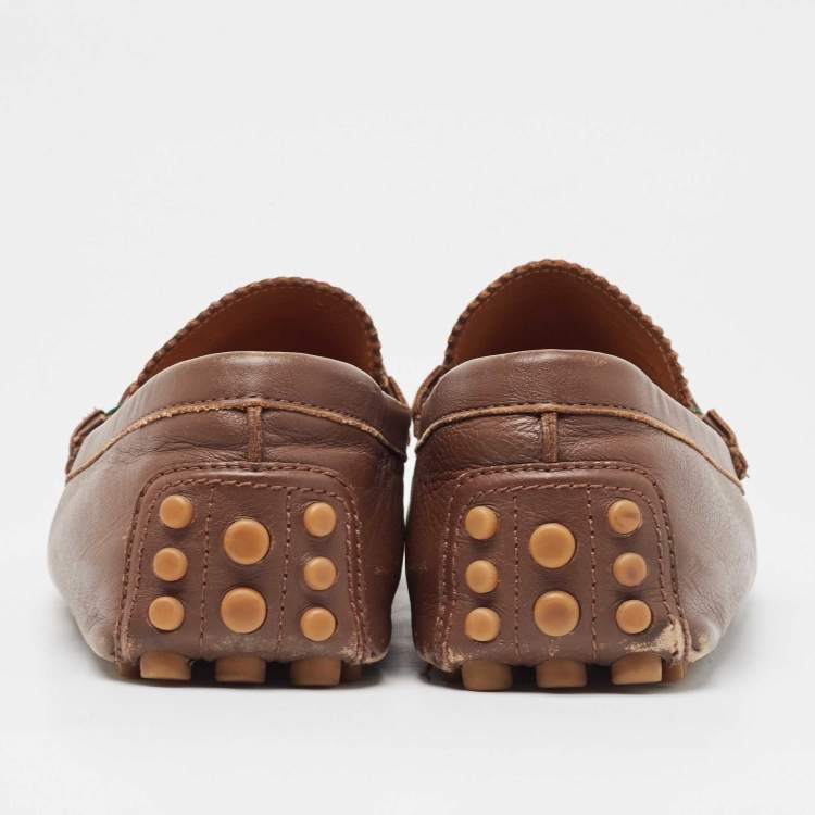 Pre Owned Gucci Brown Leather Web Slip On Loafers Size 43