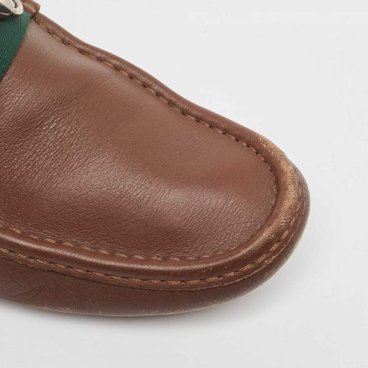 Pre Owned Gucci Brown Leather Web Slip On Loafers Size 43