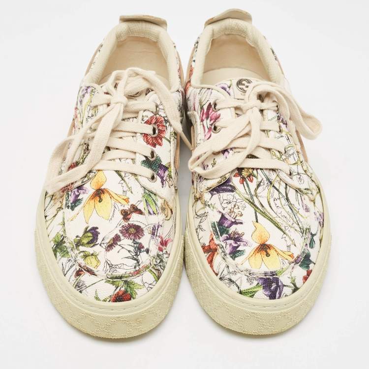 Pre Owned Gucci White Floral Print Canvas Low Top Sneakers Size 41.5
