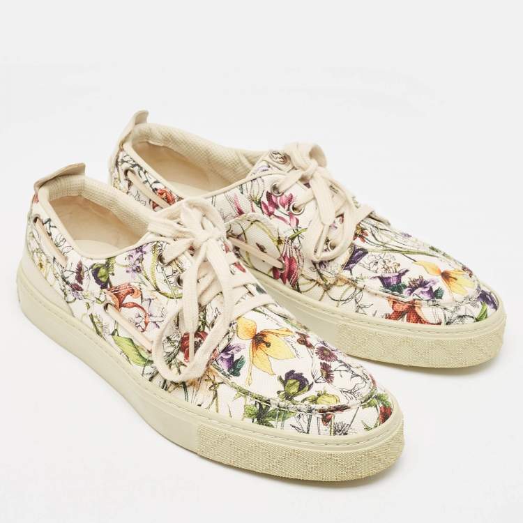Pre Owned Gucci White Floral Print Canvas Low Top Sneakers Size 41.5