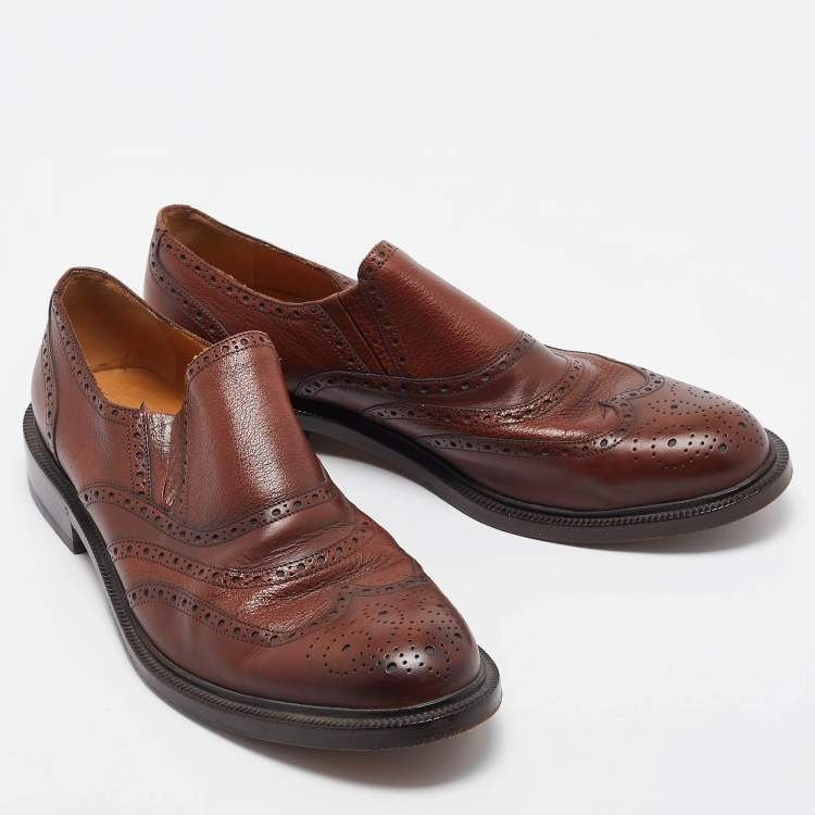 Pre Owned Gucci Brown Brogue Leather Slip On Oxford Size 45.5