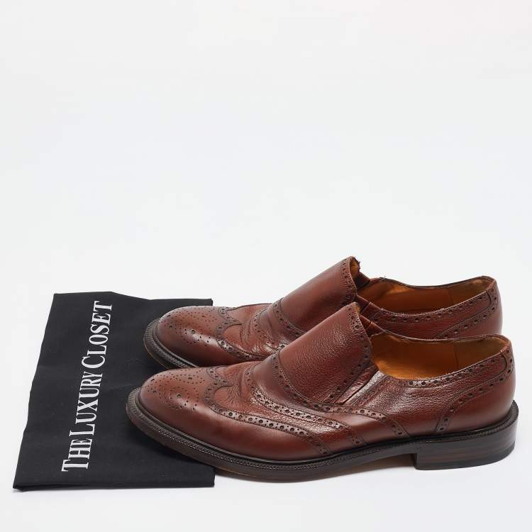 Pre Owned Gucci Brown Brogue Leather Slip On Oxford Size 45.5