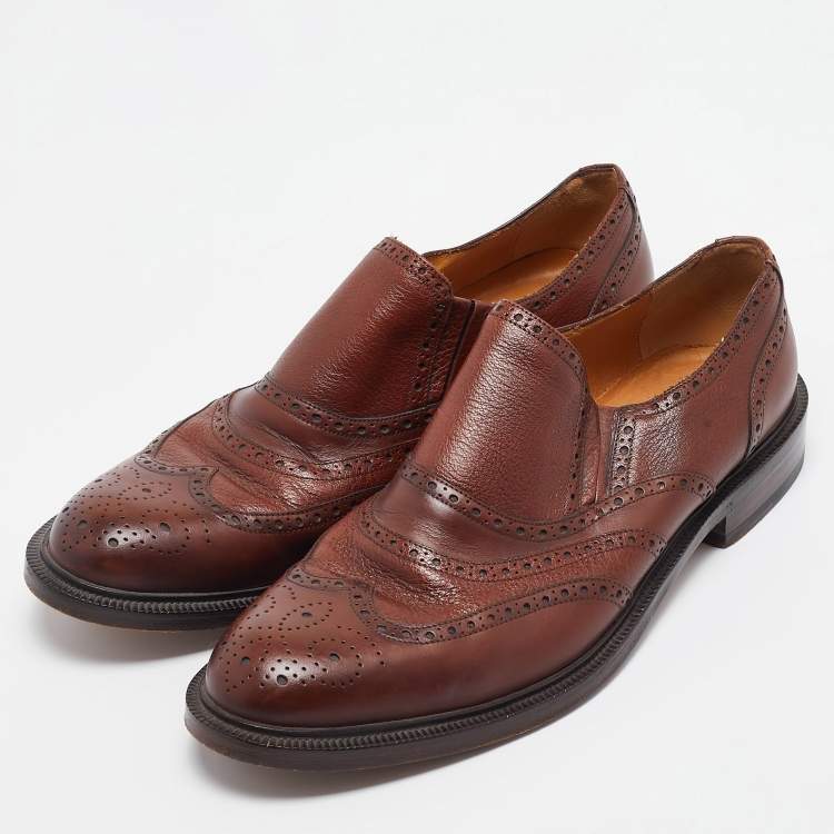 Pre Owned Gucci Brown Brogue Leather Slip On Oxford Size 45.5