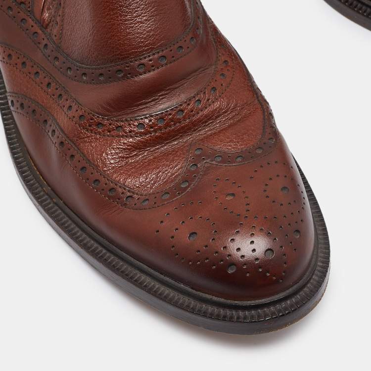 Pre Owned Gucci Brown Brogue Leather Slip On Oxford Size 45.5