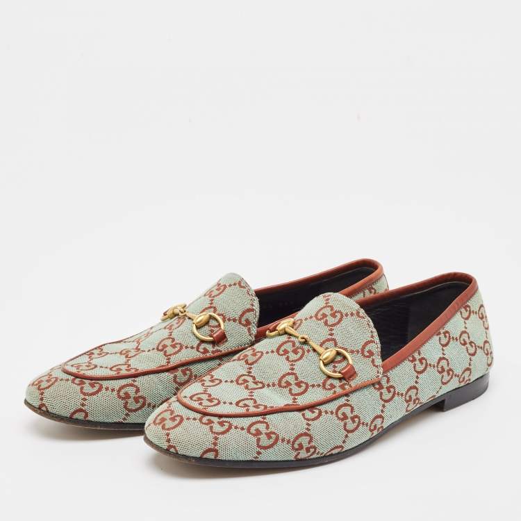 Pre Owned Gucci Two Tone GG Canvas Jordaan Horsebit Slip On Loafers Size 38.5