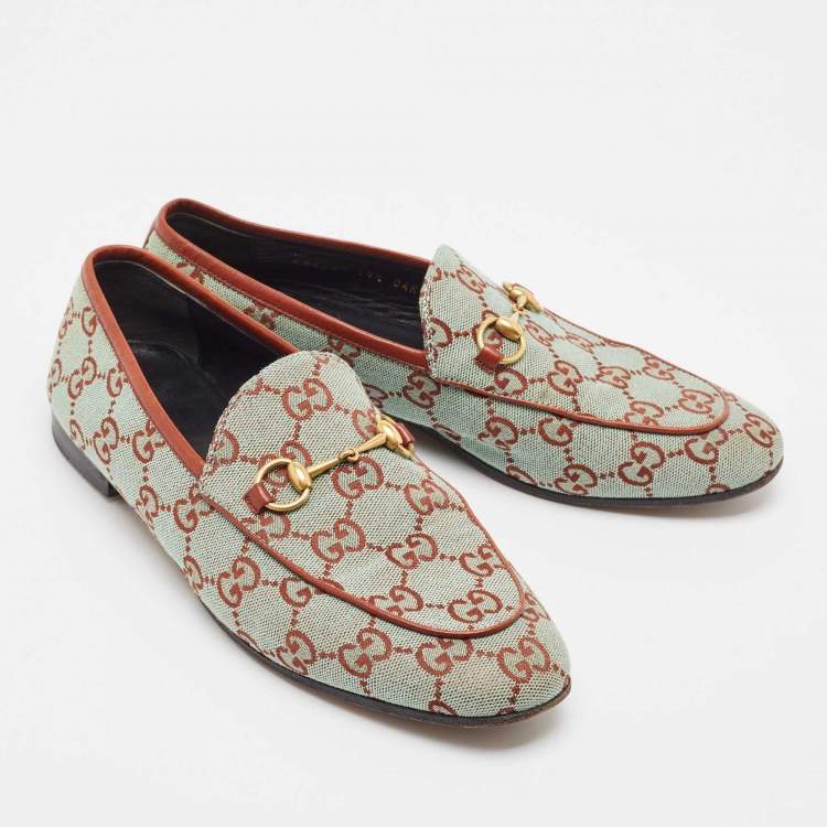 Pre Owned Gucci Two Tone GG Canvas Jordaan Horsebit Slip On Loafers Size 38.5