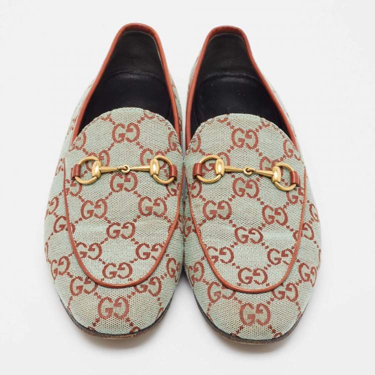 Pre Owned Gucci Two Tone GG Canvas Jordaan Horsebit Slip On Loafers Size 38.5