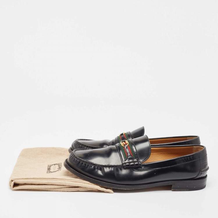 Pre Owned Gucci Black Leather Web Slip On Loafers  47.5