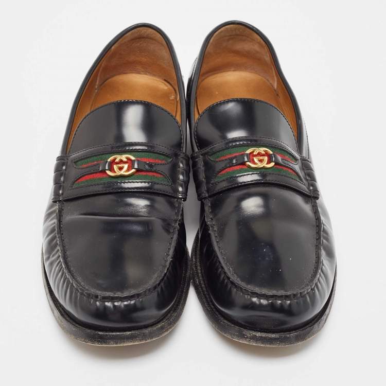Pre Owned Gucci Black Leather Web Slip On Loafers  47.5
