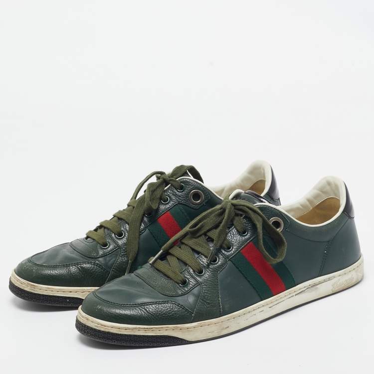 Pre Owned Gucci Green Leather Web Low Ace Top Sneakers Size 43.5