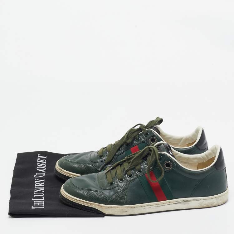 Pre Owned Gucci Green Leather Web Low Ace Top Sneakers Size 43.5