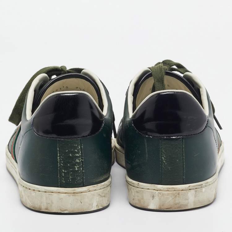 Pre Owned Gucci Green Leather Web Low Ace Top Sneakers Size 43.5