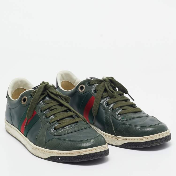 Pre Owned Gucci Green Leather Web Low Ace Top Sneakers Size 43.5