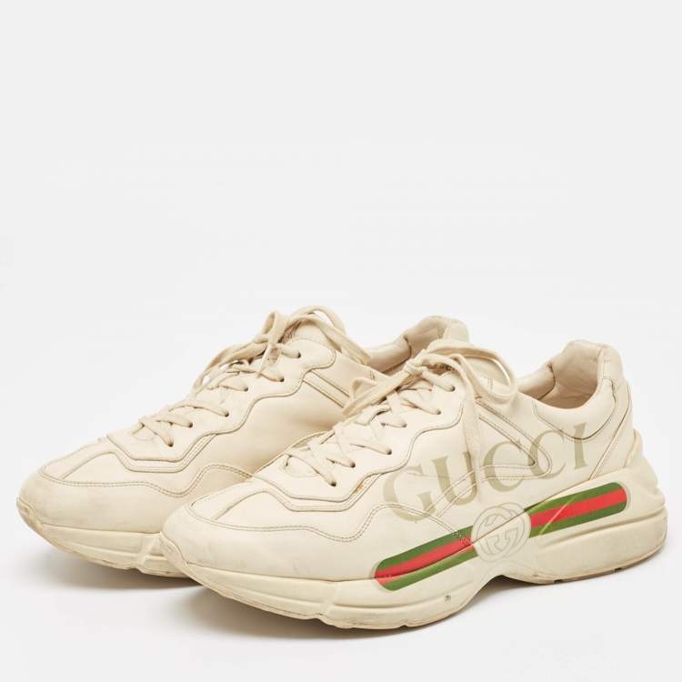 Pre Owned Gucci Cream Leather Vintage Logo Rhyton Sneakers Size 44.5