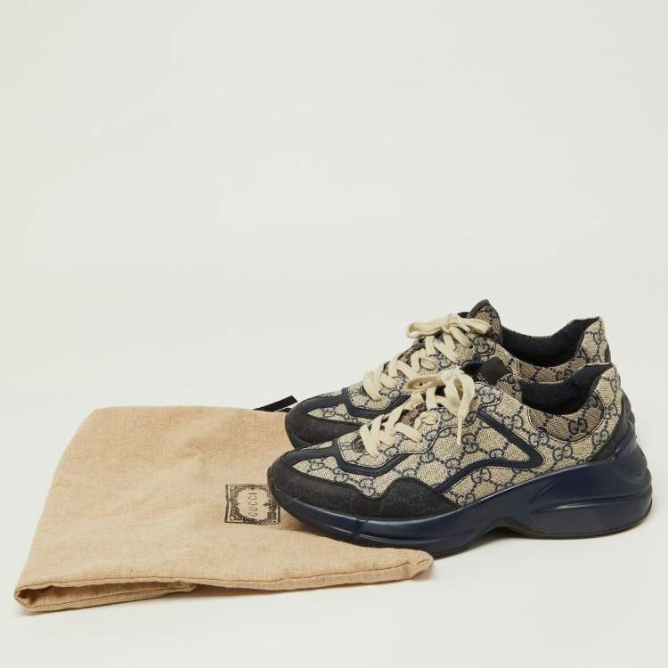 Pre Owned Gucci Beige/Navy Blue GG Supreme Canvas Rhyton Sneakers Size 40