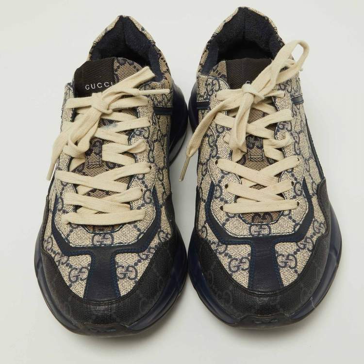 Pre Owned Gucci Beige/Navy Blue GG Supreme Canvas Rhyton Sneakers Size 40