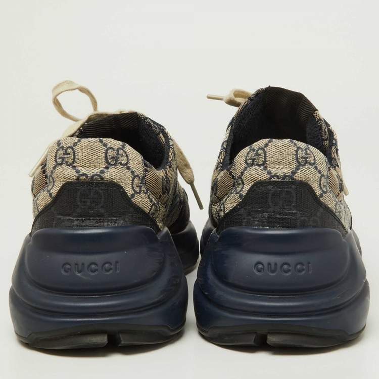 Pre Owned Gucci Beige/Navy Blue GG Supreme Canvas Rhyton Sneakers Size 40