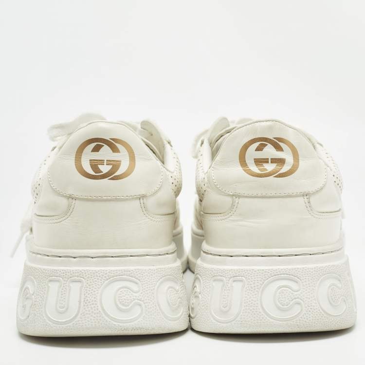 Pre Owned Gucci Cream Leather GG Embossed Sneakers Size 46