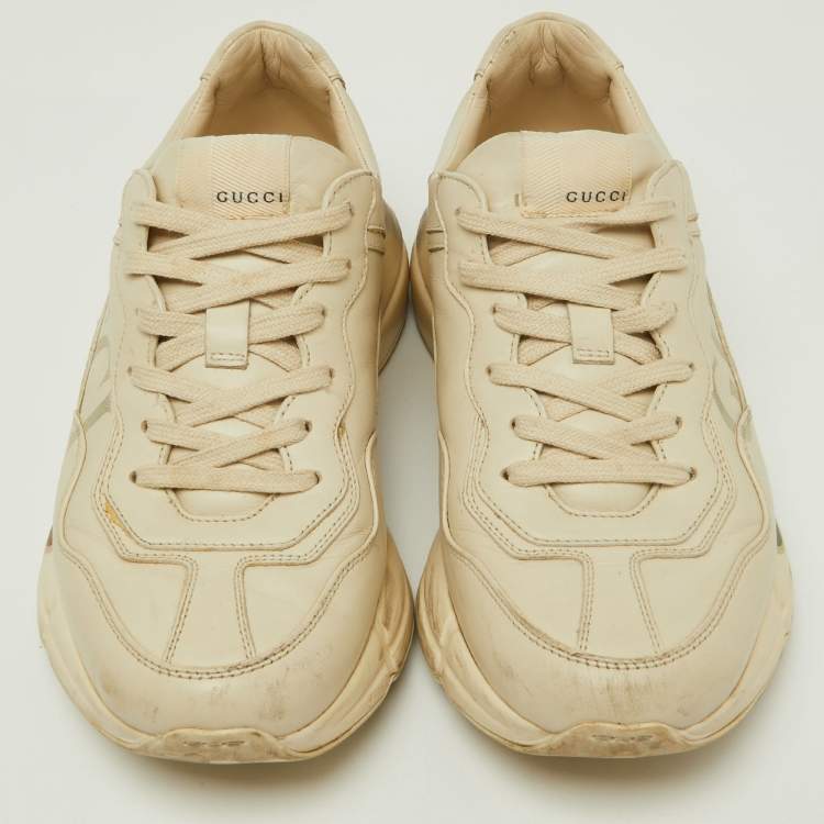 Pre Owned Gucci Cream Leather Vintage Logo Rhyton Sneakers Size 41.5