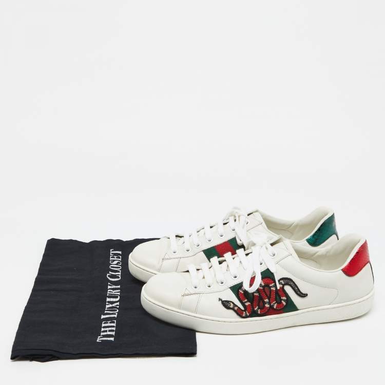 Pre Owned Gucci White Leather Embroidered Snake Ace Sneakers Size 41.5