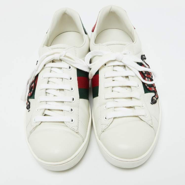 Pre Owned Gucci White Leather Embroidered Snake Ace Sneakers Size 41.5
