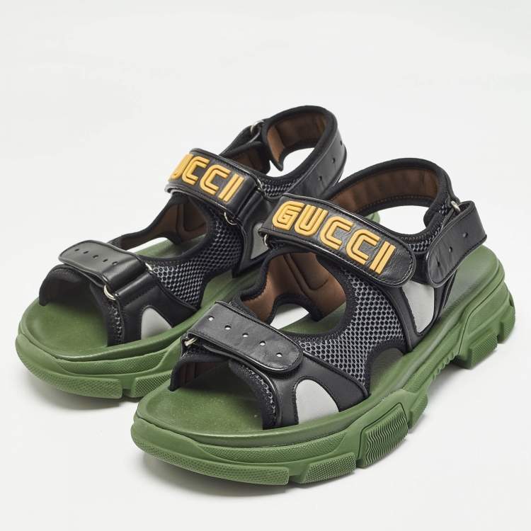 Pre Owned Gucci Black/Green Leather and Mesh Sega Velcro Slingback Sandals Size 44