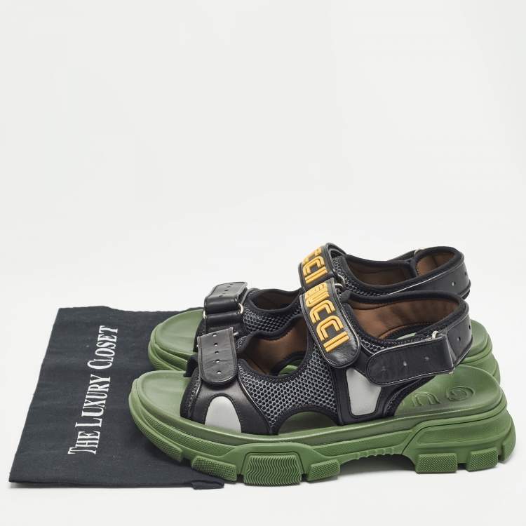 Pre Owned Gucci Black/Green Leather and Mesh Sega Velcro Slingback Sandals Size 44