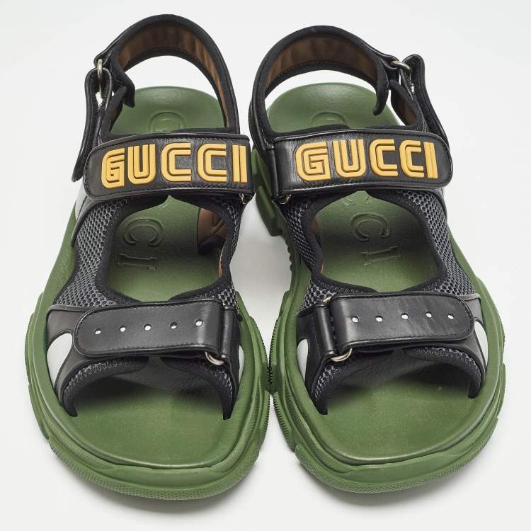 Pre Owned Gucci Black/Green Leather and Mesh Sega Velcro Slingback Sandals Size 44