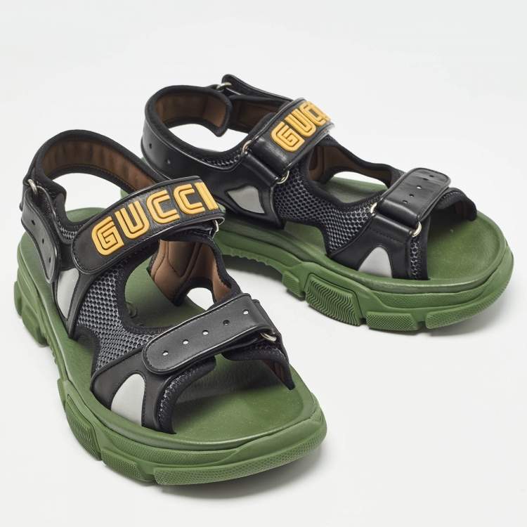 Pre Owned Gucci Black/Green Leather and Mesh Sega Velcro Slingback Sandals Size 44
