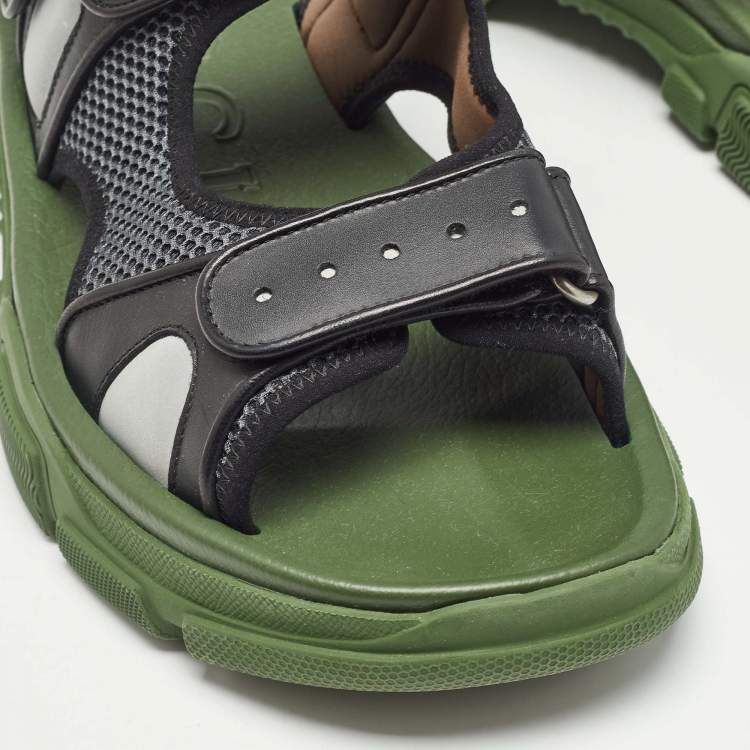 Pre Owned Gucci Black/Green Leather and Mesh Sega Velcro Slingback Sandals Size 44