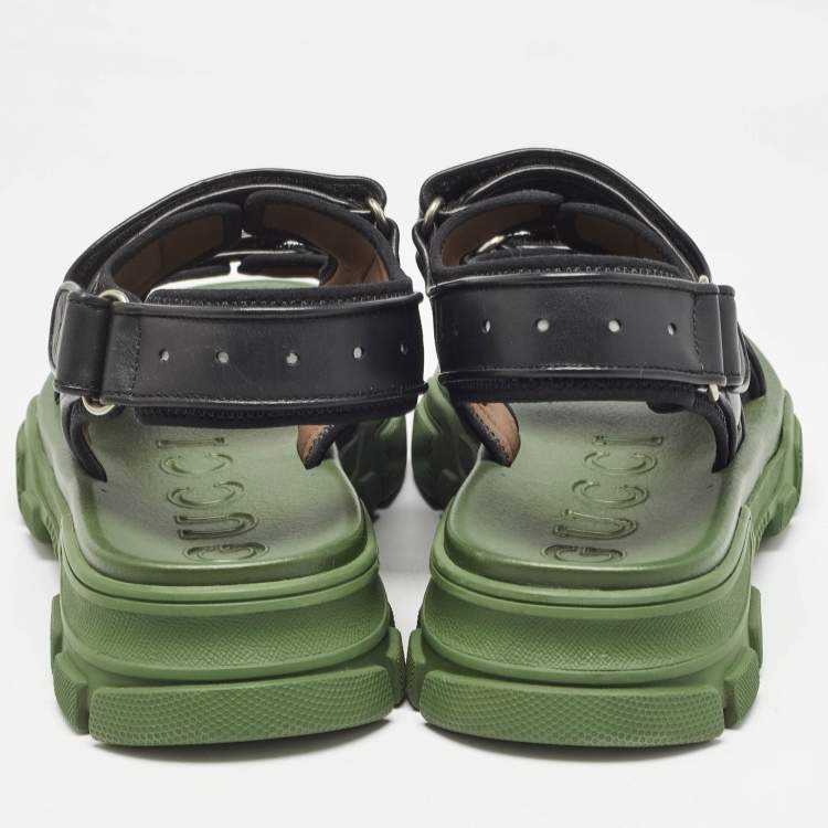 Pre Owned Gucci Black/Green Leather and Mesh Sega Velcro Slingback Sandals Size 44