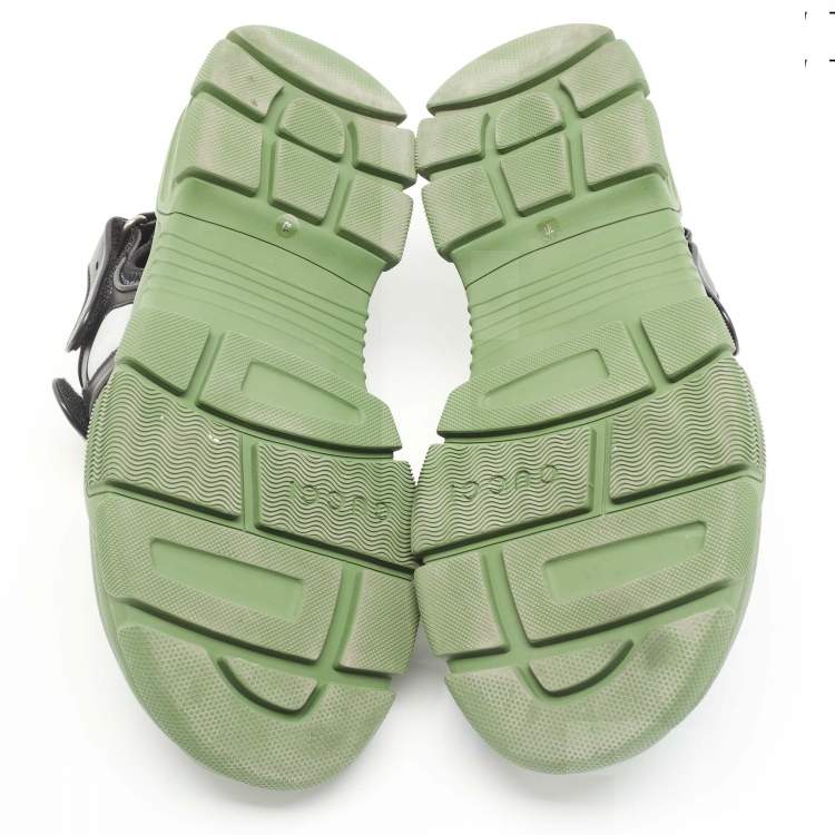 Pre Owned Gucci Black/Green Leather and Mesh Sega Velcro Slingback Sandals Size 44