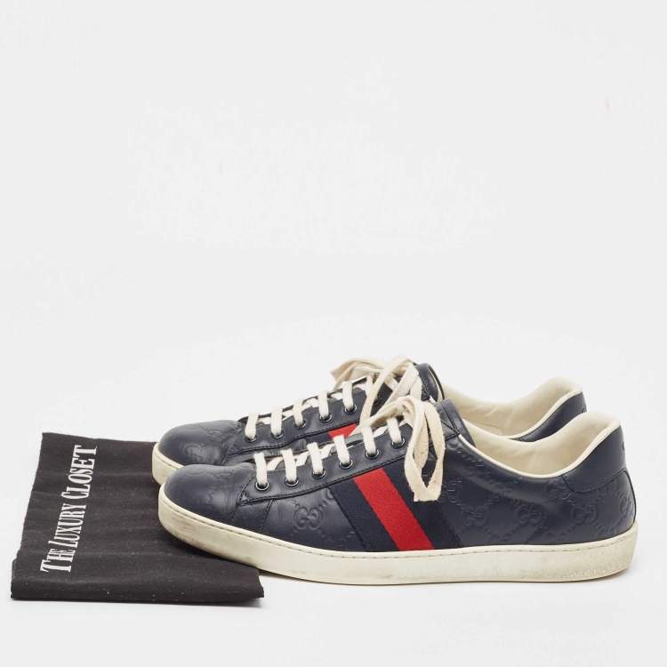 Pre Owned Gucci Navy Blue Guccissima Leather Ace Sneakers Size 43