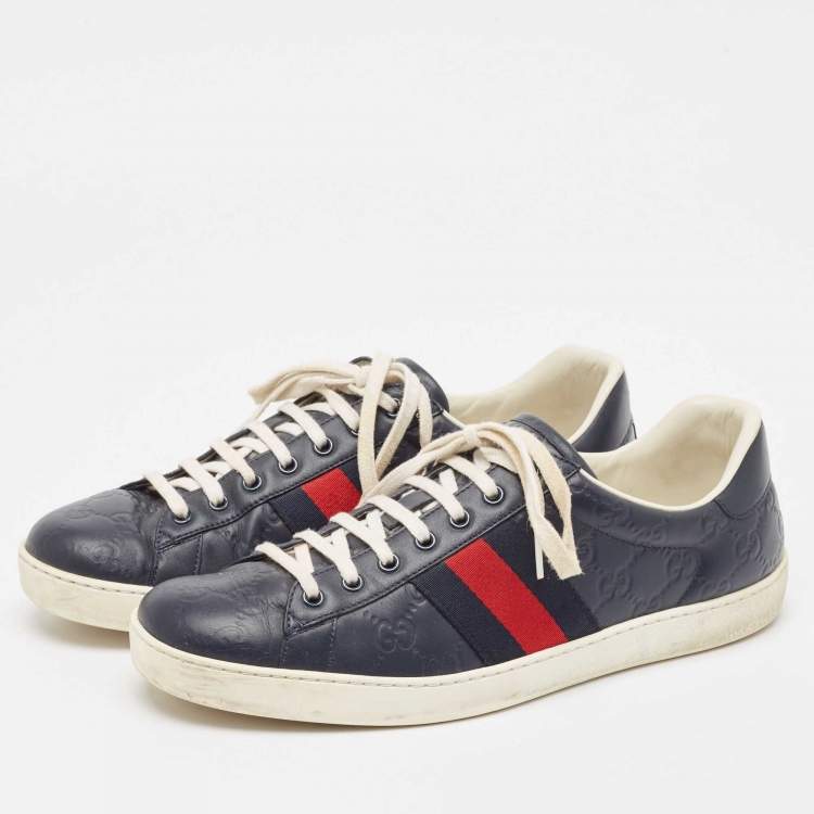 Pre Owned Gucci Navy Blue Guccissima Leather Ace Sneakers Size 43